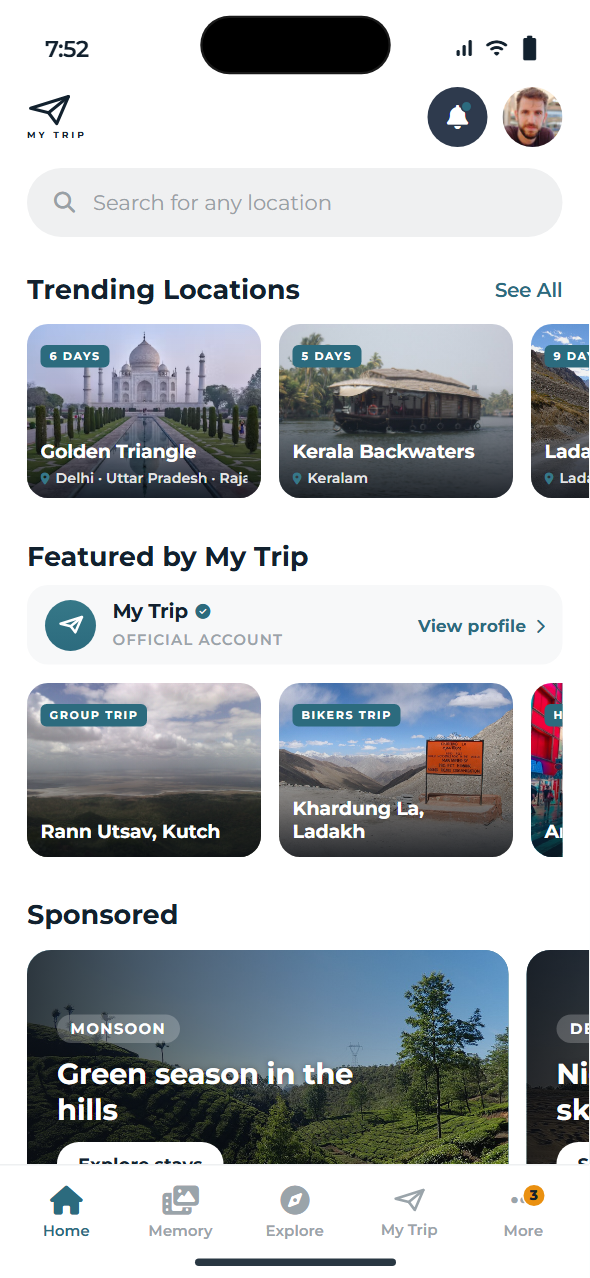 The My Trip India app showing trending Indian trips — the Golden Triangle, Kerala backwaters and Ladakh