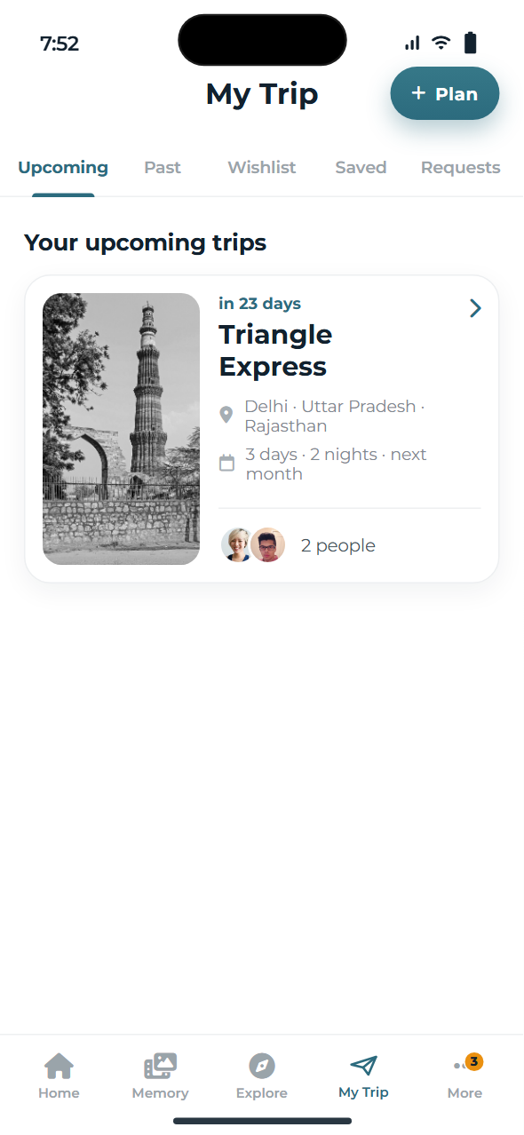 An upcoming trip in the app, with its dates, states and travelling companions
