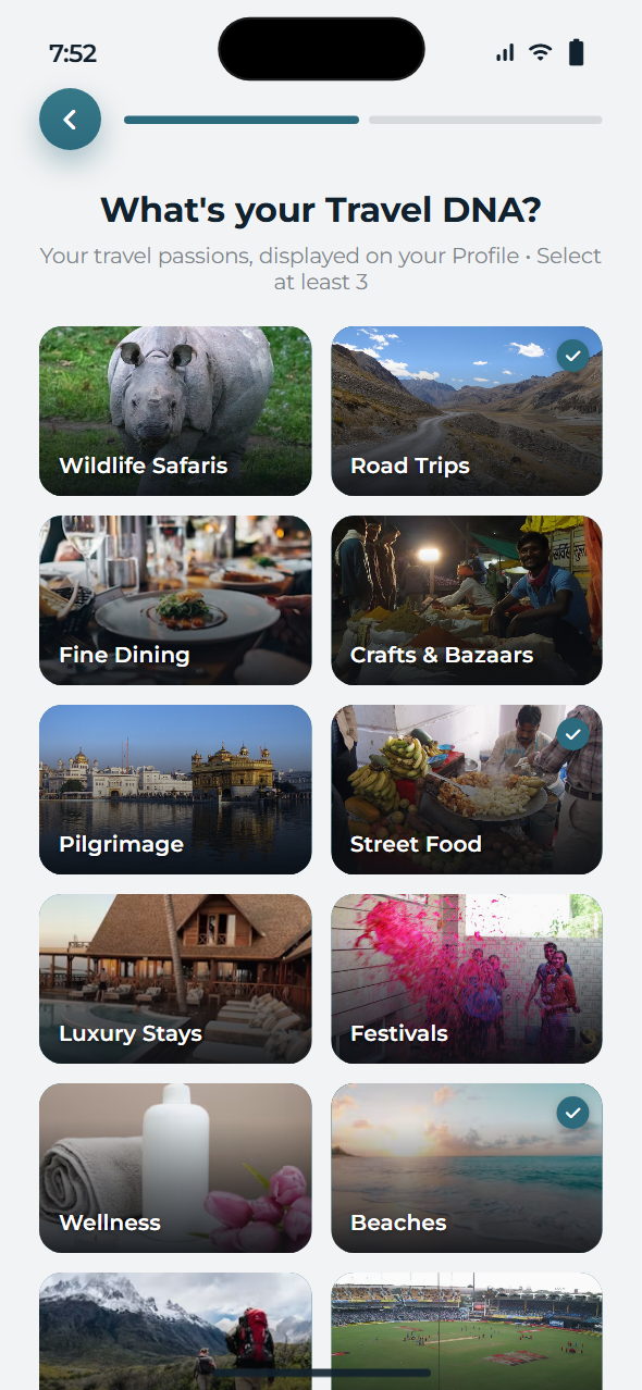 The app asking which kinds of travel you like — wildlife safaris, pilgrimage, street food, festivals