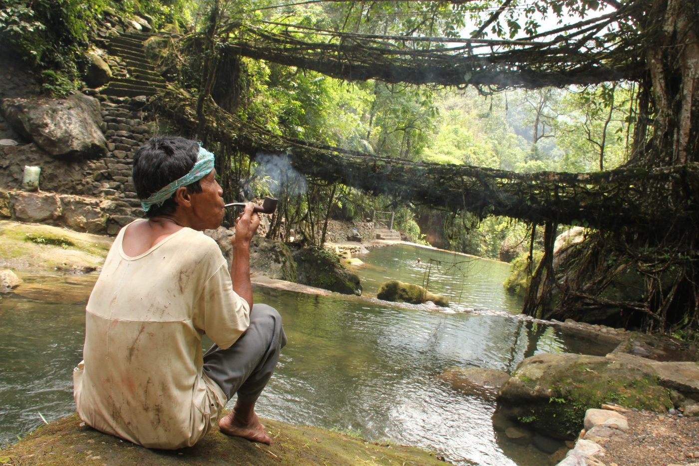 A Khasi villager resting by the living root bridges at Nongriat, Meghalaya